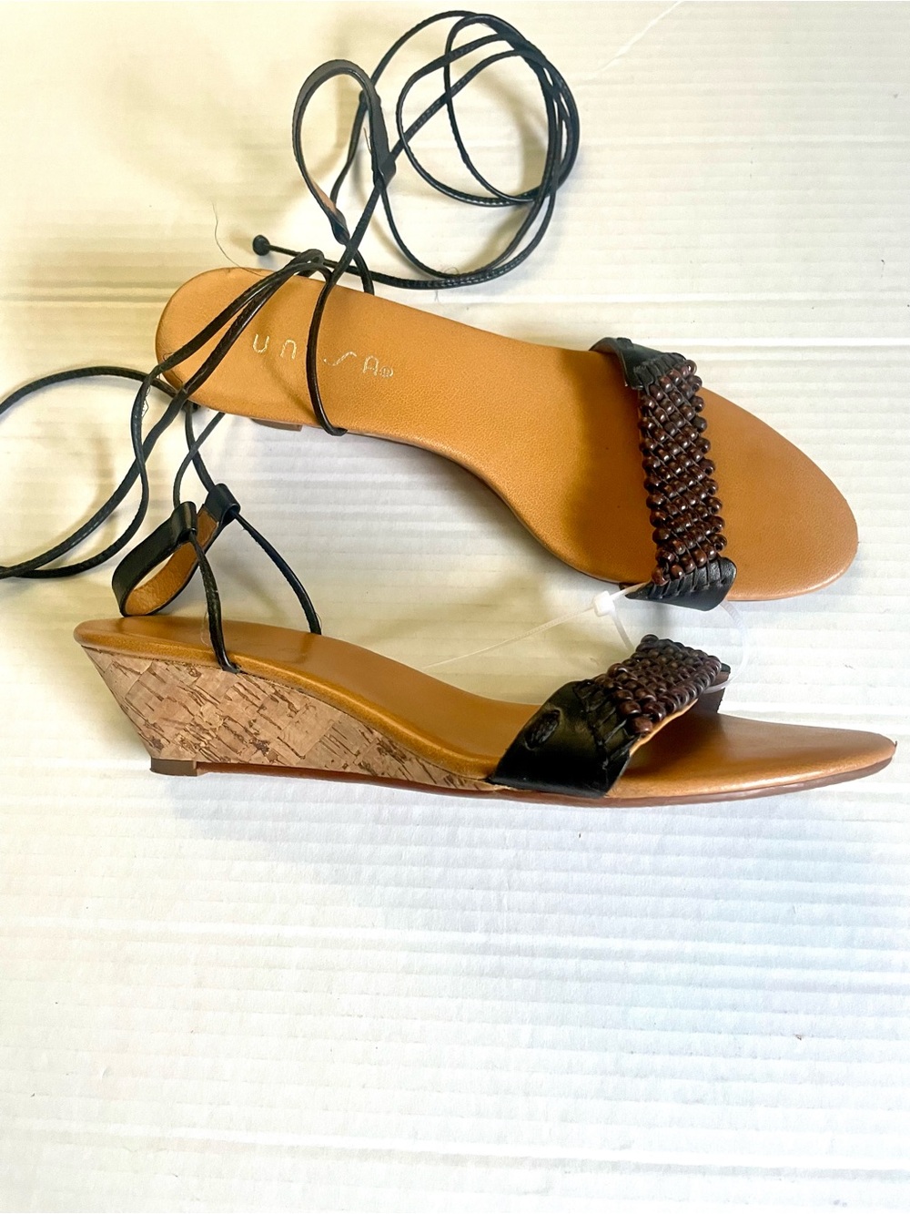 UNISA Strappy Beaded Ankle-Tie Sandals - Tan/Black Size 8 1/2 - 9
